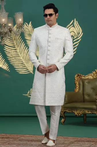 art silk white wedding wear hand embroidery readymade groom
