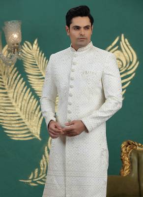 art silk white wedding wear hand embroidery readymade groom 3
