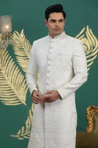 art silk white wedding wear hand embroidery readymade groom