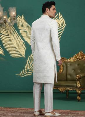 art silk white wedding wear hand embroidery readymade groom 4