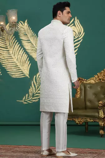 art silk white wedding wear hand embroidery readymade groom