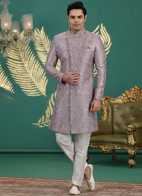 art silk purple wedding wear hand embroidery readymade groom 1