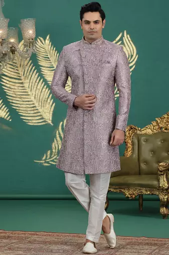 art silk purple wedding wear hand embroidery readymade groom