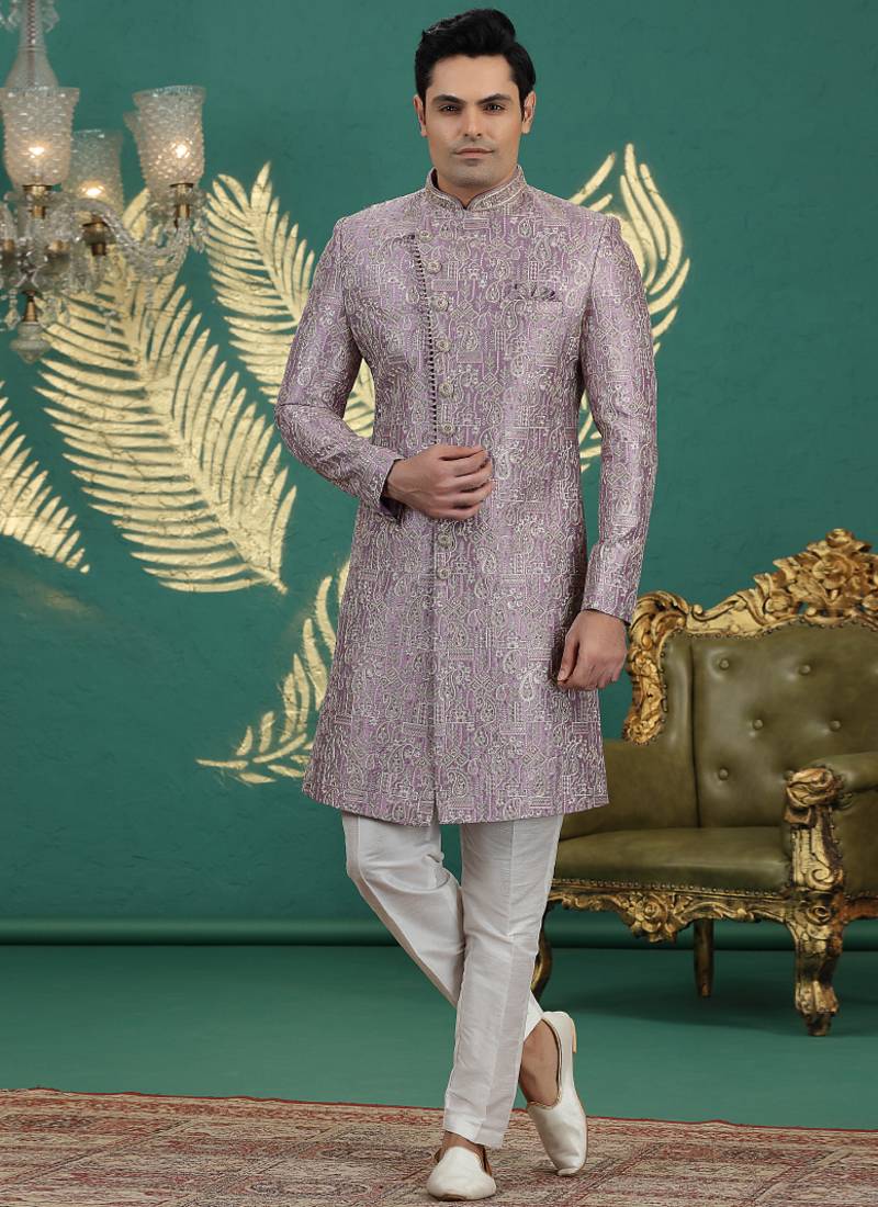 art silk purple wedding wear hand embroidery readymade groom