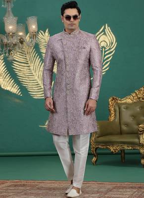 art silk purple wedding wear hand embroidery readymade groom 2