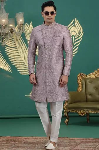 art silk purple wedding wear hand embroidery readymade groom
