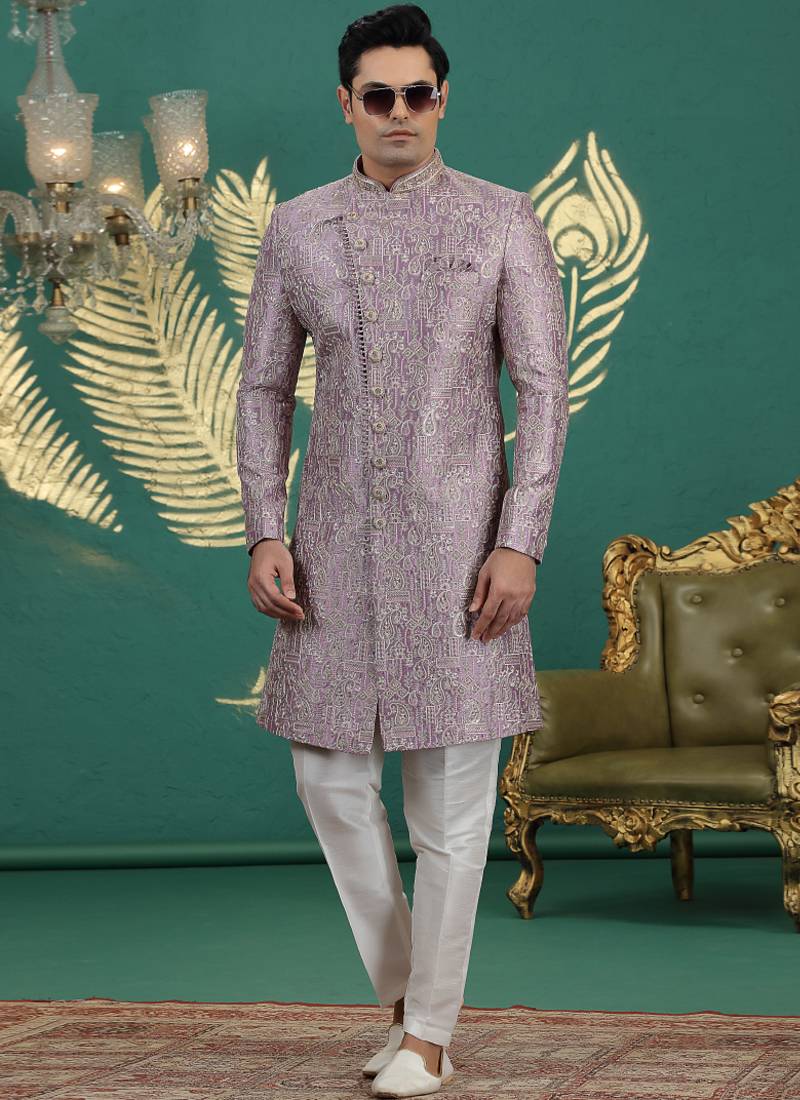 art silk purple wedding wear hand embroidery readymade groom