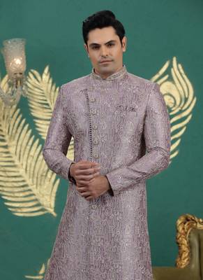 art silk purple wedding wear hand embroidery readymade groom 3