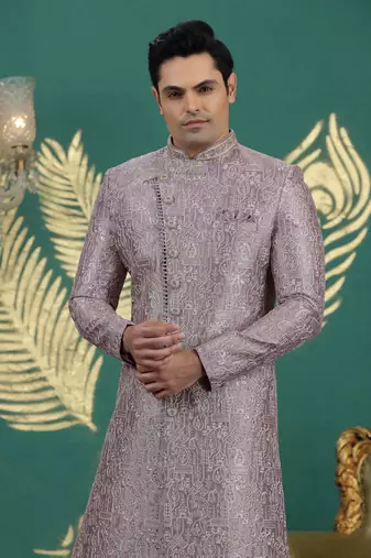 art silk purple wedding wear hand embroidery readymade groom