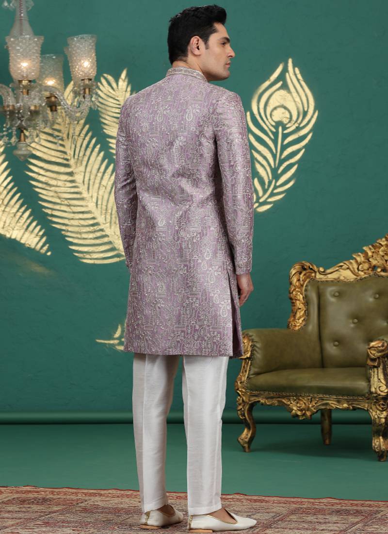 art silk purple wedding wear hand embroidery readymade groom