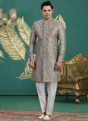 art silk grey wedding wear hand embroidery readymade groom 1