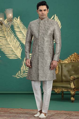 art silk grey wedding wear hand embroidery readymade groom