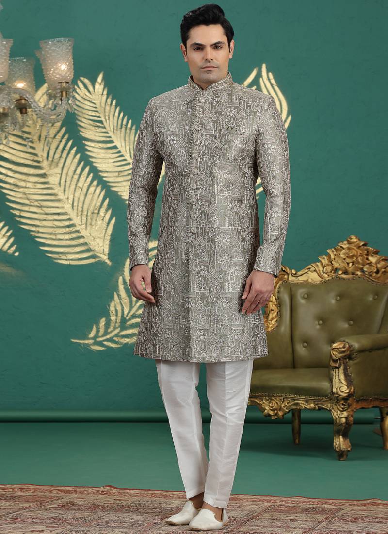 art silk grey wedding wear hand embroidery readymade groom