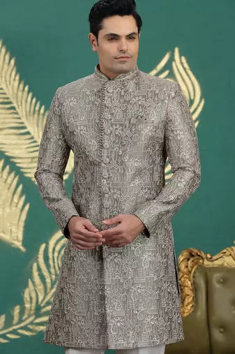 art silk grey wedding wear hand embroidery readymade groom