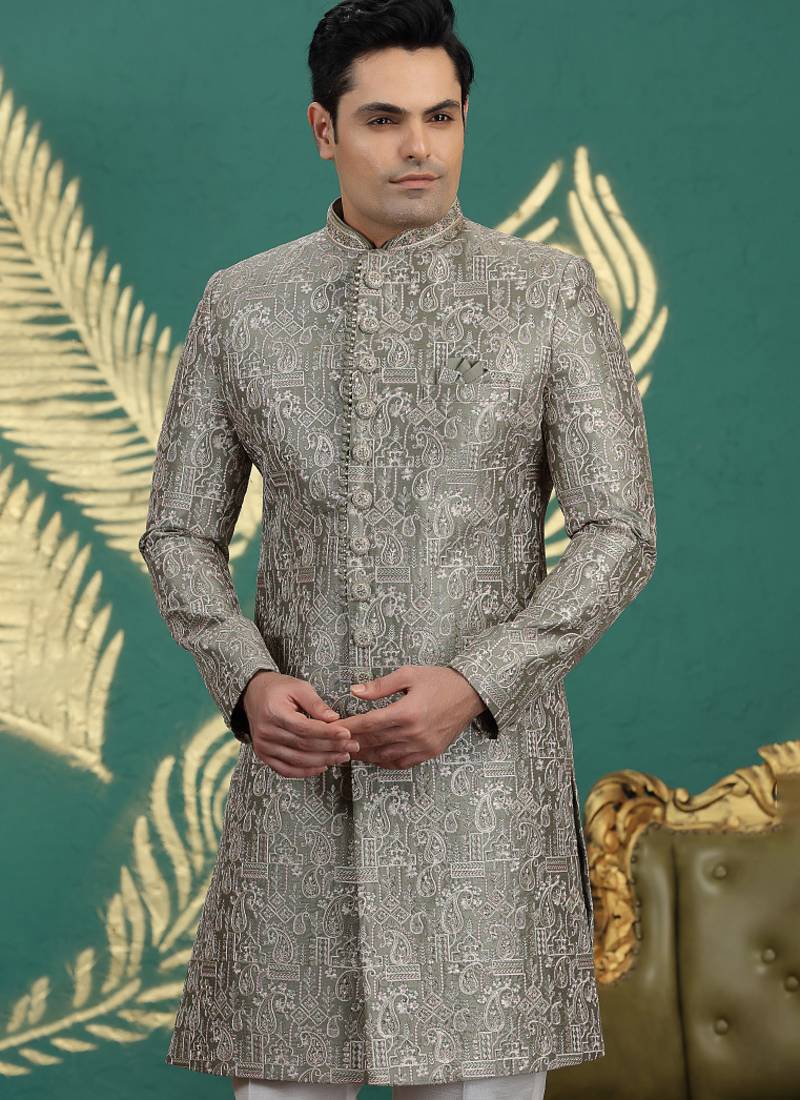 art silk grey wedding wear hand embroidery readymade groom