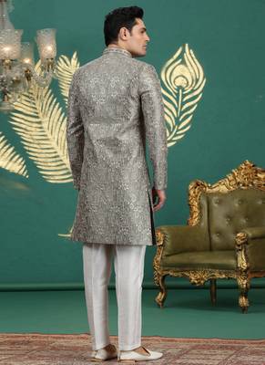 art silk grey wedding wear hand embroidery readymade groom 3