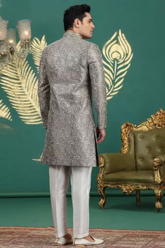art silk grey wedding wear hand embroidery readymade groom