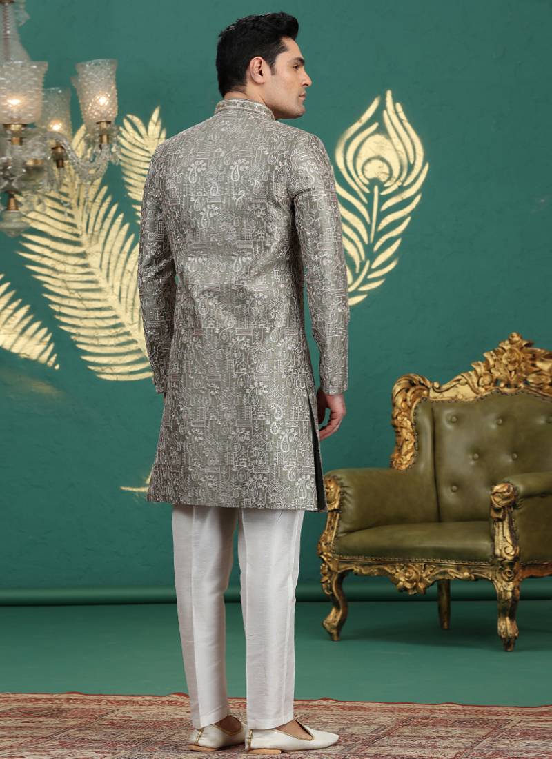 art silk grey wedding wear hand embroidery readymade groom