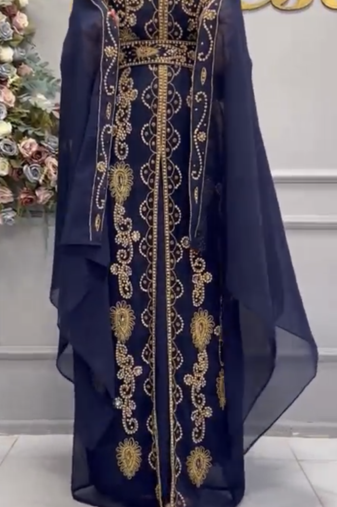 Elegant Navy Blue Heavy Embroidered Moroccan Stitched Kaftan     Party & Wedding Wear Farasha