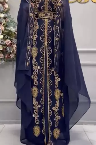 Elegant Navy Blue Heavy Embroidered Moroccan Stitched Kaftan     Party & Wedding Wear Farasha