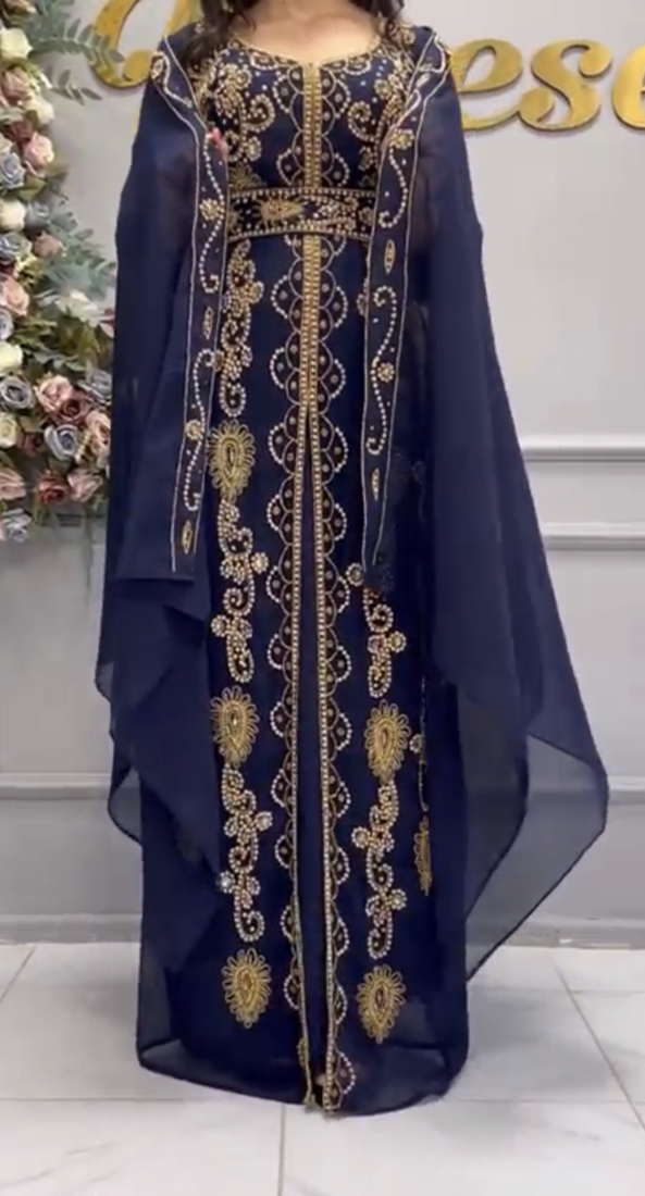 Elegant Navy Blue Heavy Embroidered Moroccan Stitched Kaftan     Party & Wedding Wear Farasha