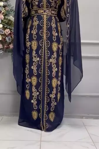 Elegant Navy Blue Heavy Embroidered Moroccan Stitched Kaftan     Party & Wedding Wear Farasha