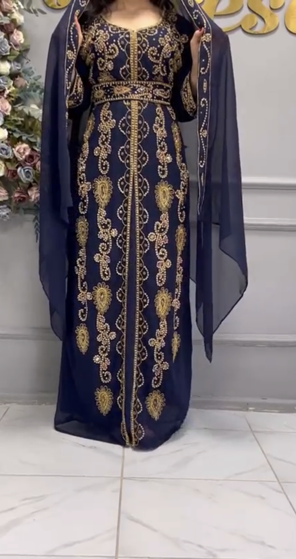 Elegant Navy Blue Heavy Embroidered Moroccan Stitched Kaftan     Party & Wedding Wear Farasha