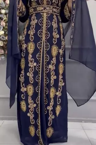 Elegant Navy Blue Heavy Embroidered Moroccan Stitched Kaftan     Party & Wedding Wear Farasha