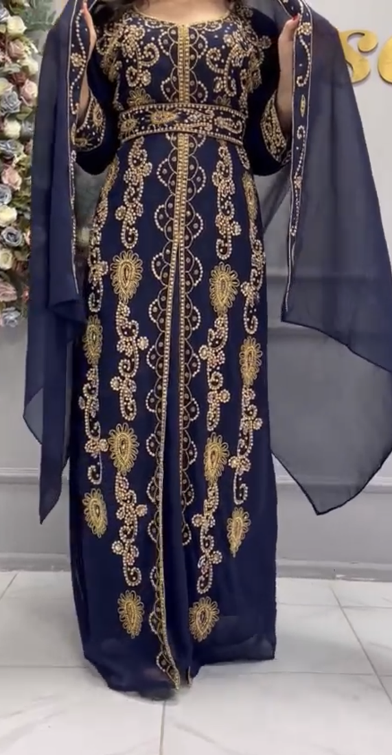 Elegant Navy Blue Heavy Embroidered Moroccan Stitched Kaftan     Party & Wedding Wear Farasha