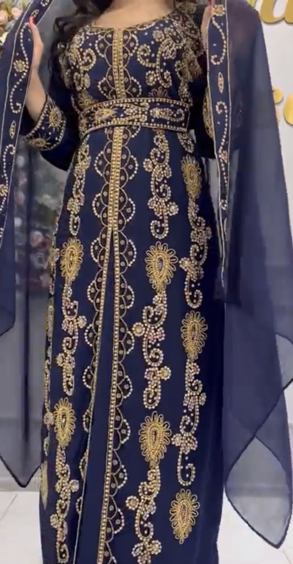Elegant Navy Blue Heavy Embroidered Moroccan Stitched Kaftan     Party & Wedding Wear Farasha