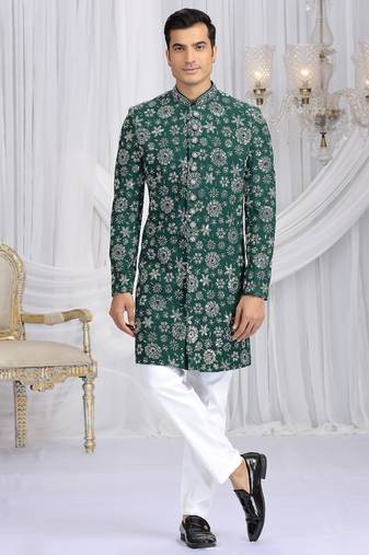 art silk green wedding wear computer thread work readymade indo western