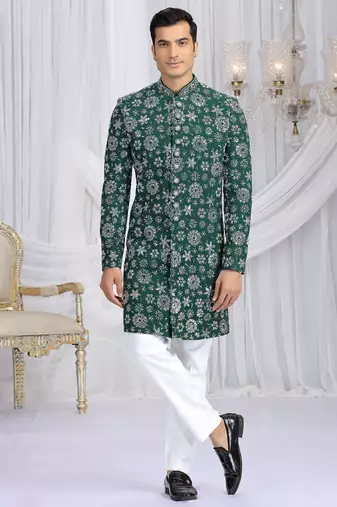 art silk green wedding wear computer thread work readymade indo western