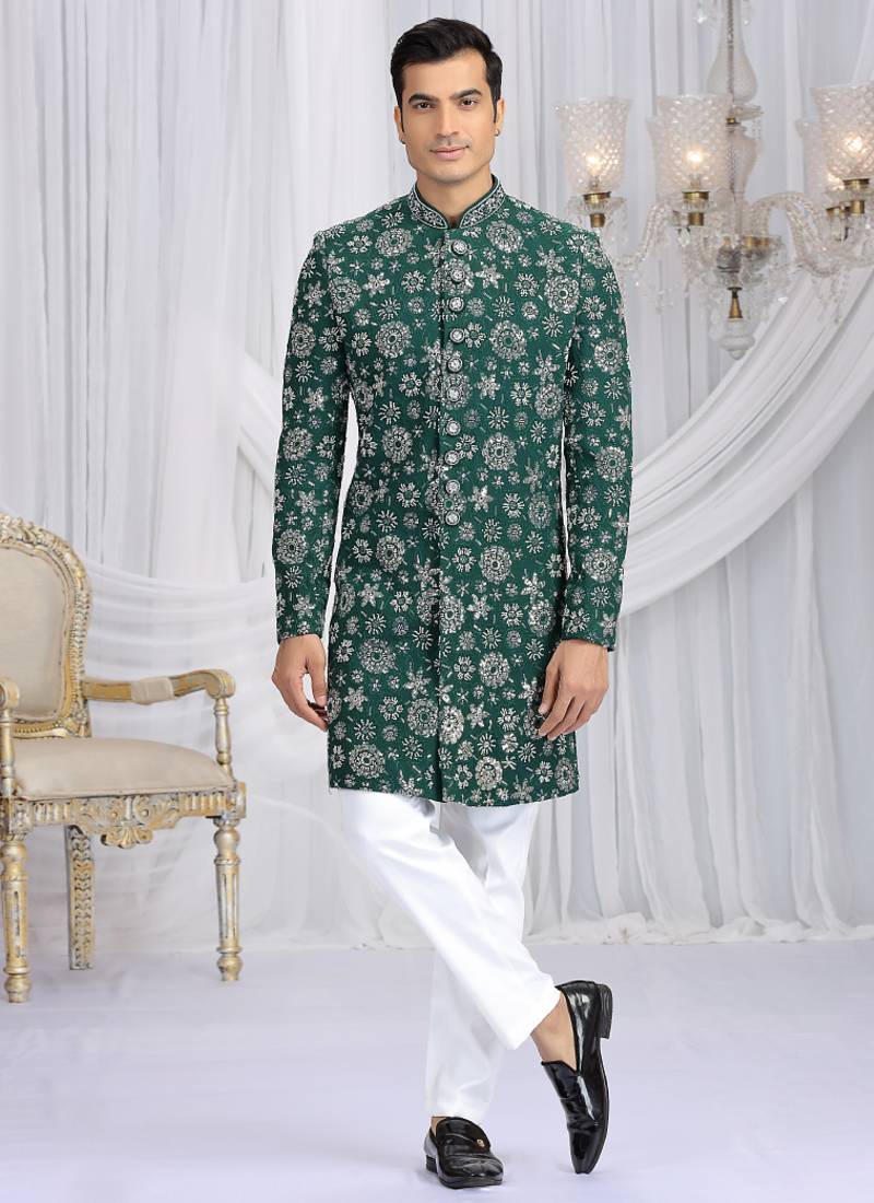 art silk green wedding wear computer thread work readymade indo western