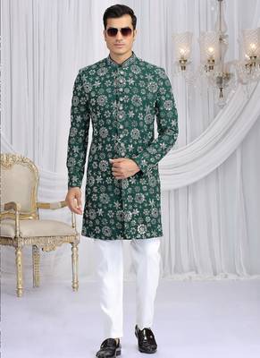 art silk green wedding wear computer thread work readymade indo western 2