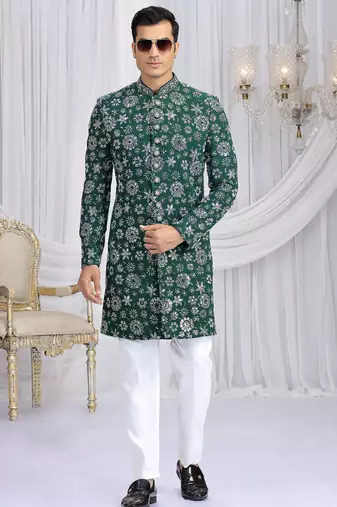art silk green wedding wear computer thread work readymade indo western