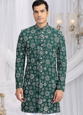 art silk green wedding wear computer thread work readymade indo western 3
