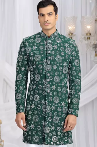 art silk green wedding wear computer thread work readymade indo western