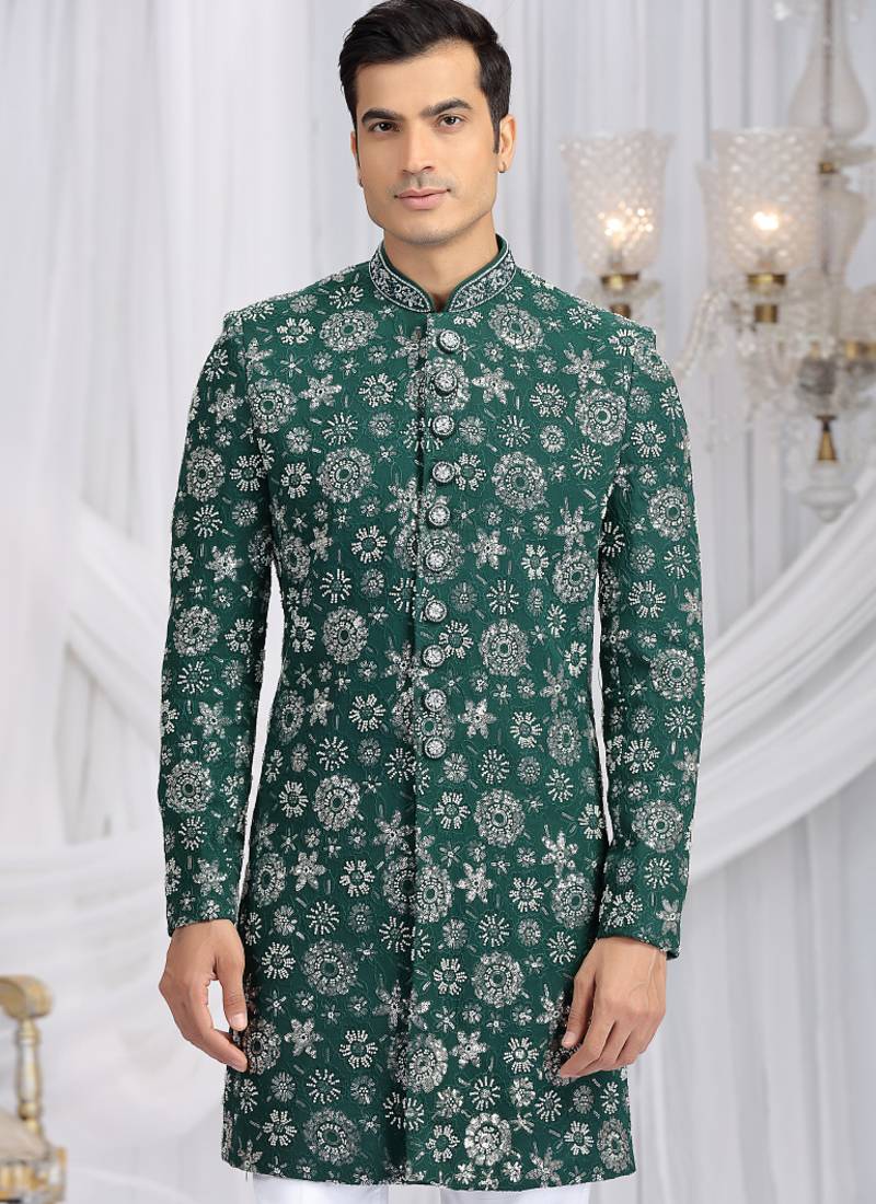 art silk green wedding wear computer thread work readymade indo western