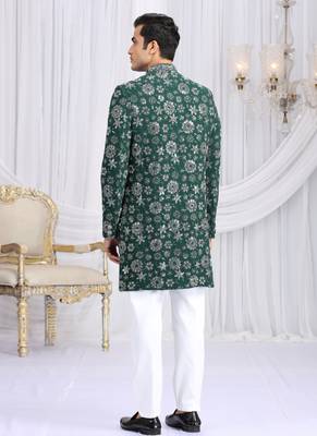 art silk green wedding wear computer thread work readymade indo western 4
