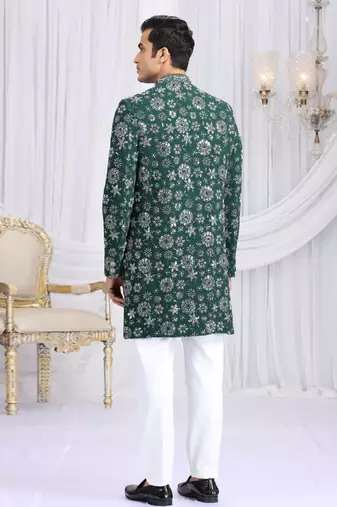 art silk green wedding wear computer thread work readymade indo western