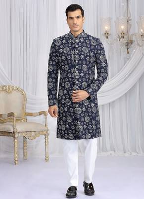 art silk blue wedding wear computer thread work readymade indo western 1