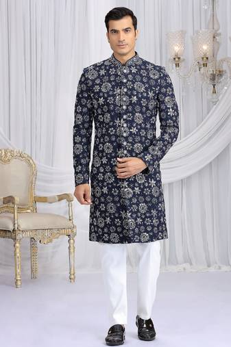 art silk blue wedding wear computer thread work readymade indo western