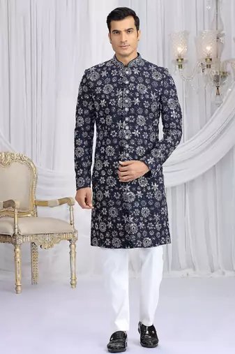 art silk blue wedding wear computer thread work readymade indo western