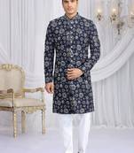 art silk blue wedding wear computer thread work readymade indo western