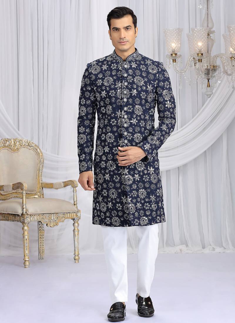 art silk blue wedding wear computer thread work readymade indo western