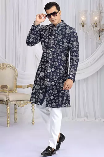 art silk blue wedding wear computer thread work readymade indo western