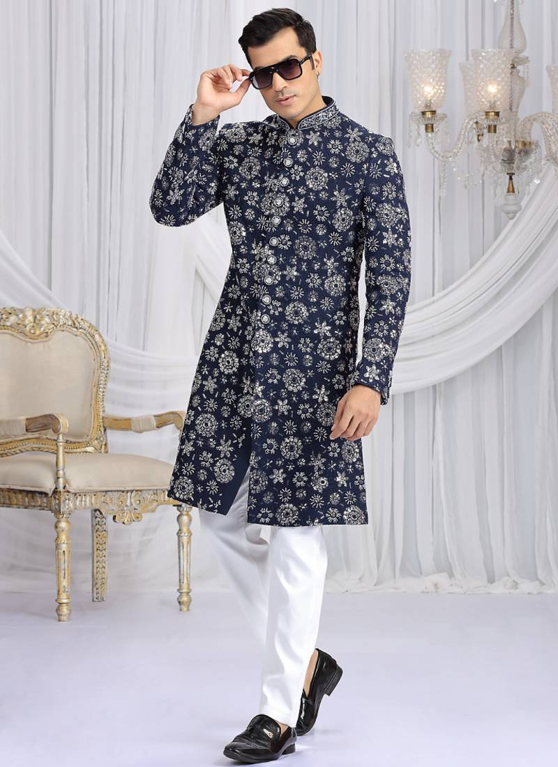 art silk blue wedding wear computer thread work readymade indo western