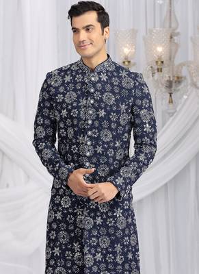 art silk blue wedding wear computer thread work readymade indo western 3