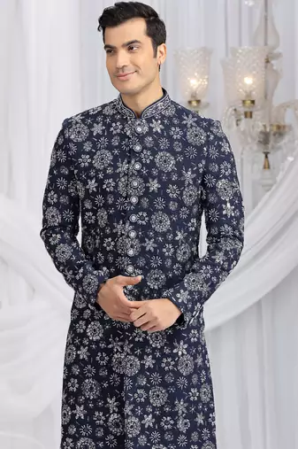 art silk blue wedding wear computer thread work readymade indo western