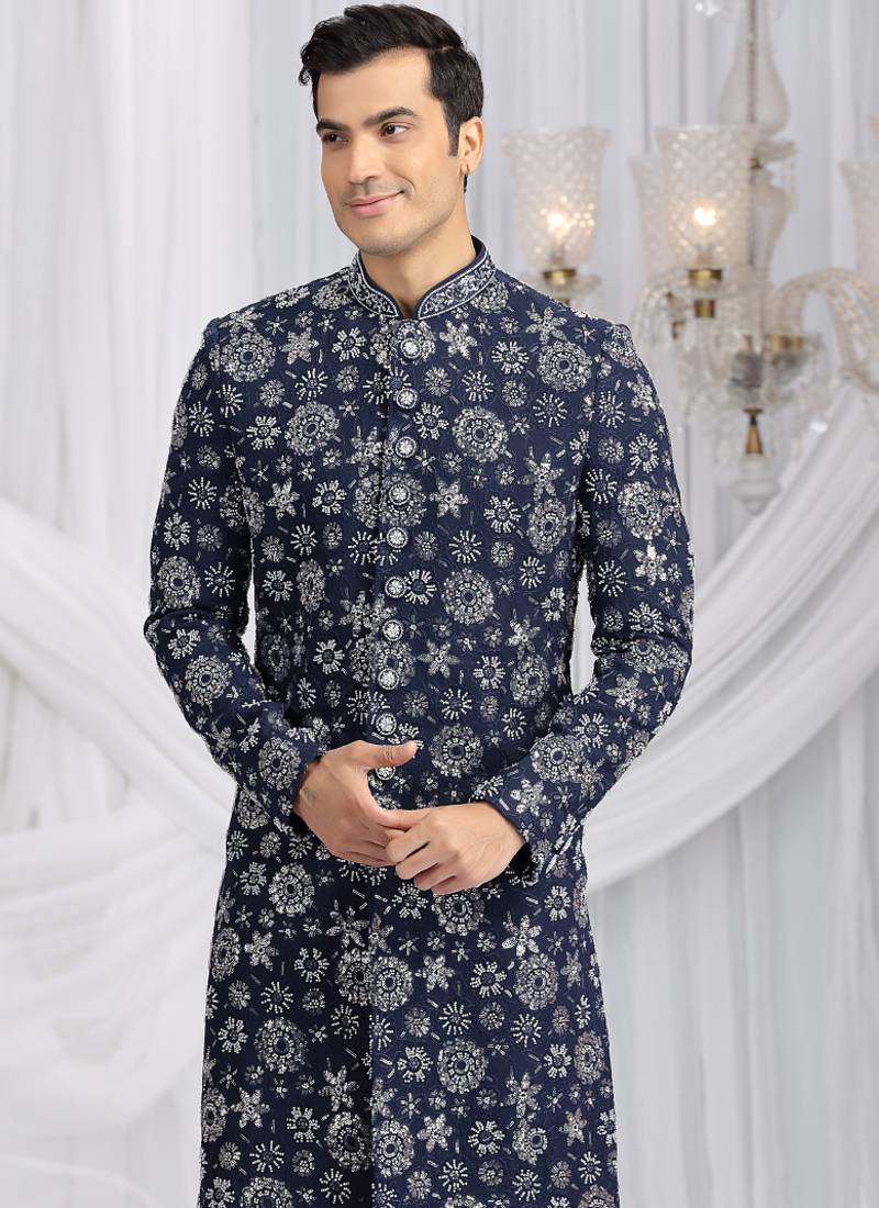 art silk blue wedding wear computer thread work readymade indo western